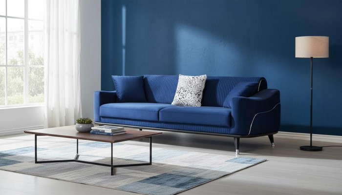 Blaue Design Couch Dreisitzer Luxus Sofa Samt Möble Stoff Textil
