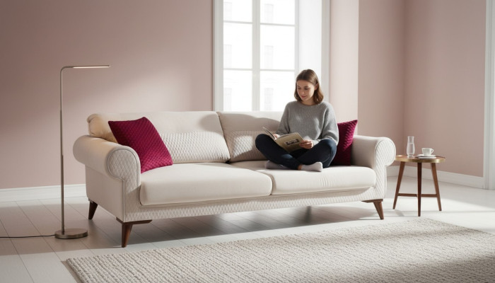 Dreisitzer Sofa 3 Sitzer Stoff beige Couch Sofa große Polster Holz Designer neu