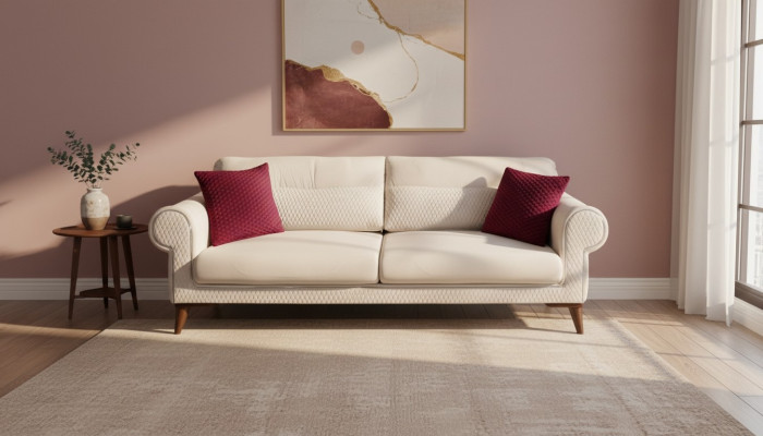 Dreisitzer Sofa 3 Sitzer Stoff beige Couch Sofa große Polster Holz Designer neu