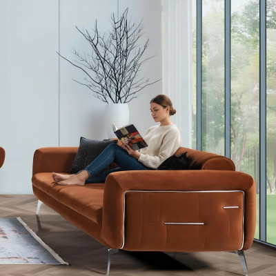 Orange Design Couch Sofa Samt Dreisitzer Luxus Möble Stoff Textil