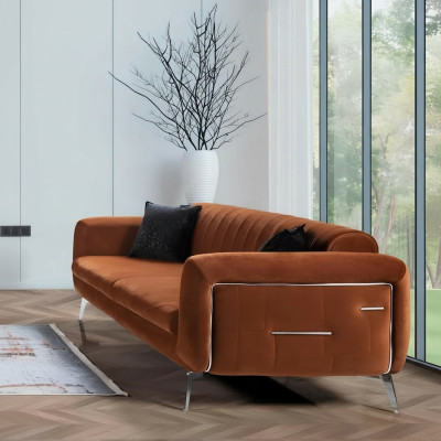 Orange Design Couch Sofa Samt Dreisitzer Luxus Möble Stoff Textil