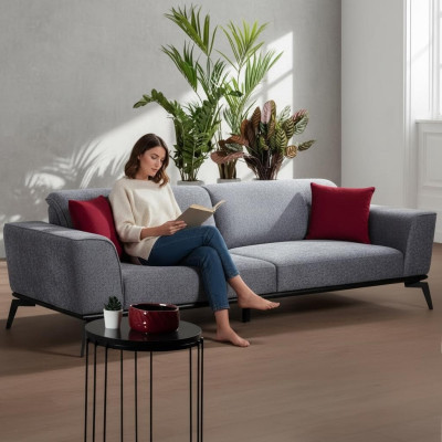 Sofa 3 Sitzer Sofas Stoff grau Textil Polster Wohnzimmer Textil Graue