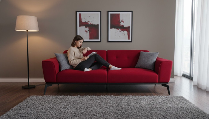 Moderner Sofa 3 Sitzer Textil Burgund Couch Polster Dreisitzer Rote