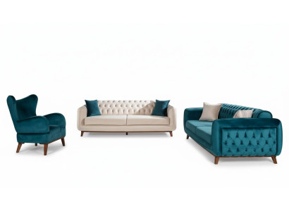 Sofas Set 3+3+1 Polster Couch Stoff Wohnzimmer Chesterfield 3tlg