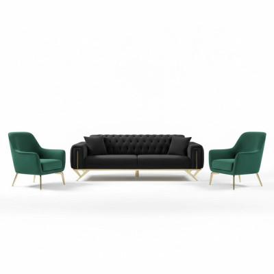 Schwarz Chesterfield Couch Dreisitzer Sitzpolster Sofa Samt Holz