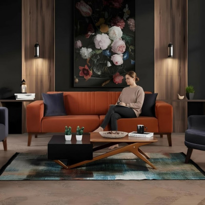 Orange Dreisitzer Couch Elegante Sofa Sitzmöbel Wohnzimmer Samt