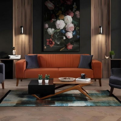 Orange Dreisitzer Couch Elegante Sofa Sitzmöbel Wohnzimmer Samt