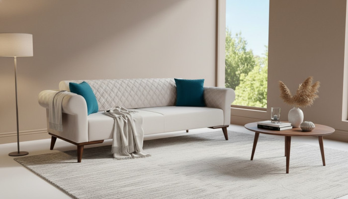 Beige Dreisitzer Couch Elegante Sofa Sitzmöbel Wohnzimmer Samt