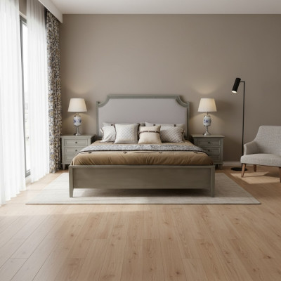 Premium Schlafzimmer-Set: Bett und Nachttische aus Naturholz in Grau