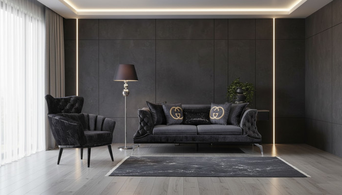 Schwarze Couch Sofa Garnitur 3+1 Sitz Chesterfield Wohnzimmer Polster
