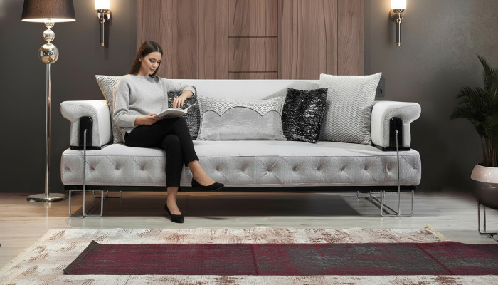 Polster Möbel Dreisitzer Sofa 3 Sitzer Couchen Weiß Metal mit Textil