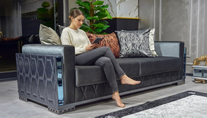 Sofa 3 Sitzer Luxus Möbel Wohnzimmer Dreisitzer Grau Metall mit Textil