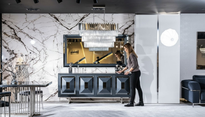 Anrichte Spiegel Wohnzimmer grau Kommode Holz Metall Stil Modern Schrank