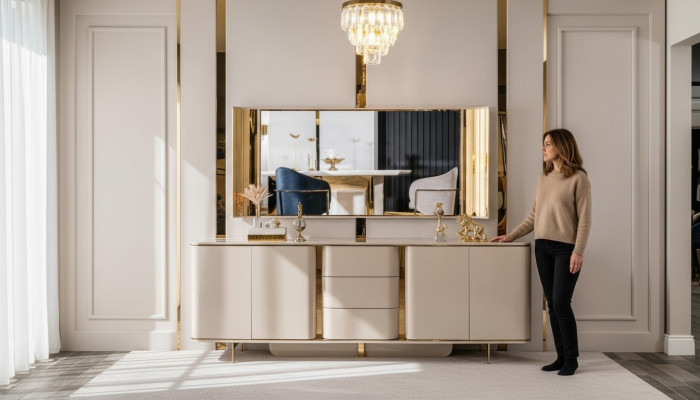Wohnzimmer Anrichte Spiegel Material Holz mit Metall Stil Modern Beige