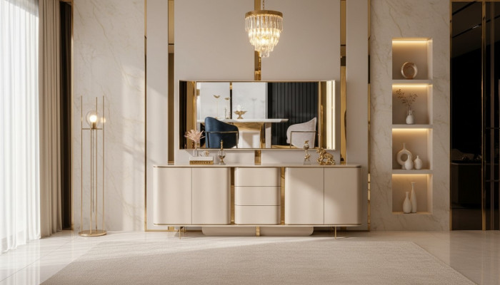Wohnzimmer Anrichte Spiegel Material Holz mit Metall Stil Modern Beige