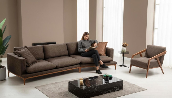 Ecksofa Sofa Wohnzimmer Sofas Stoff Luxus Eck L-Form Holz Stil Modern Möbel Neu