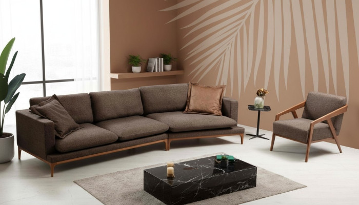 Ecksofa Sofa Wohnzimmer Sofas Stoff Luxus Eck L-Form Holz Stil Modern Möbel Neu