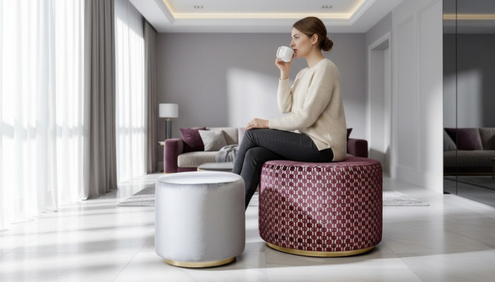 Gruppe Hocker Sitzhocker Sitzbank Pouf Samthocker Stoff Rund Holz Set 2tlg