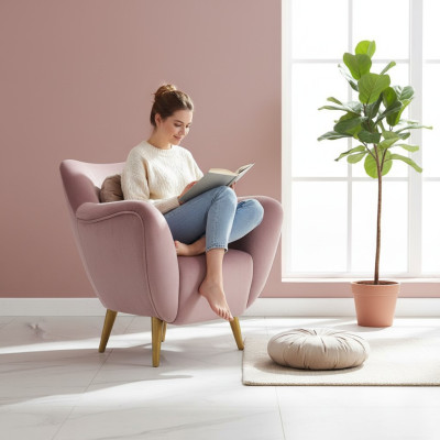 Sessel Lehnstuhl Ohrensessel 1 Sitzer Sitz Stoff Luxus Wohnzimmer Modern Rosa