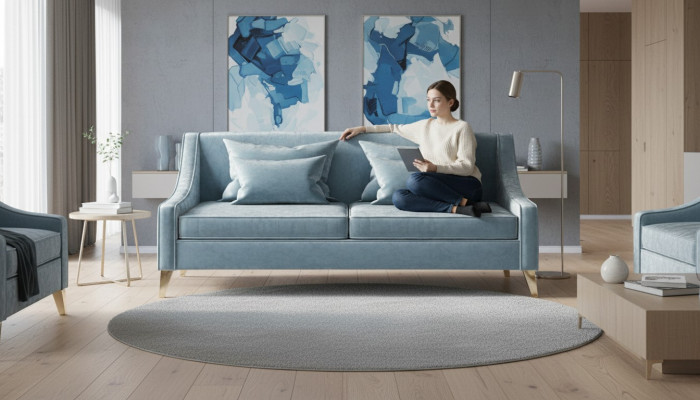 Samt Dreisitzer Sofa 3 Sitz Sofas Stoff Wohnzimmer Polyester Modern Luxus Blau