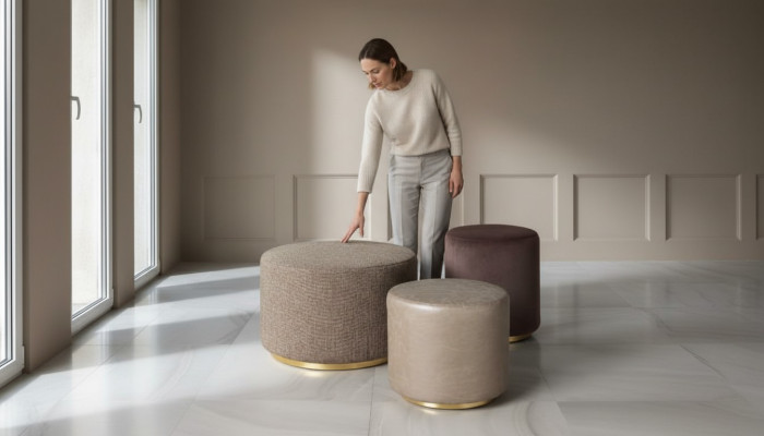 Gruppe Hocker Fußhocker Polyester Wohnzimmer Sitz Stoff Beige Luxus Sitzer 3tlg