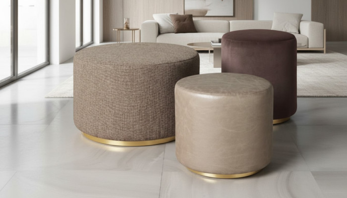 Gruppe Hocker Fußhocker Polyester Wohnzimmer Sitz Stoff Beige Luxus Sitzer 3tlg