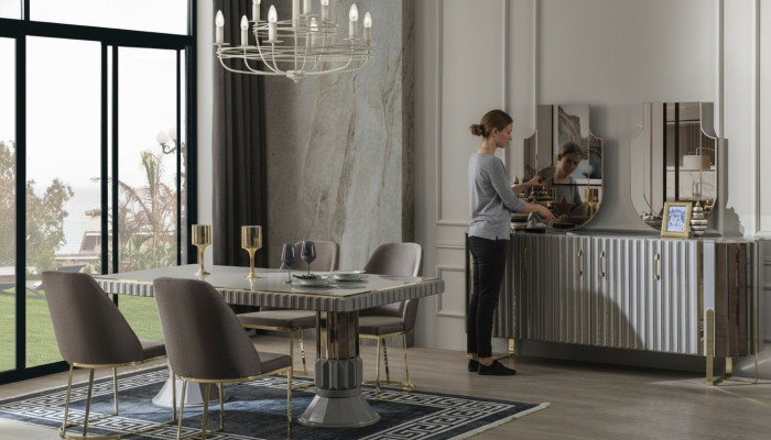 Essgruppe Esszimmer Esstisch Garnitur Luxus Stühle Essecke Grau 6tlg
