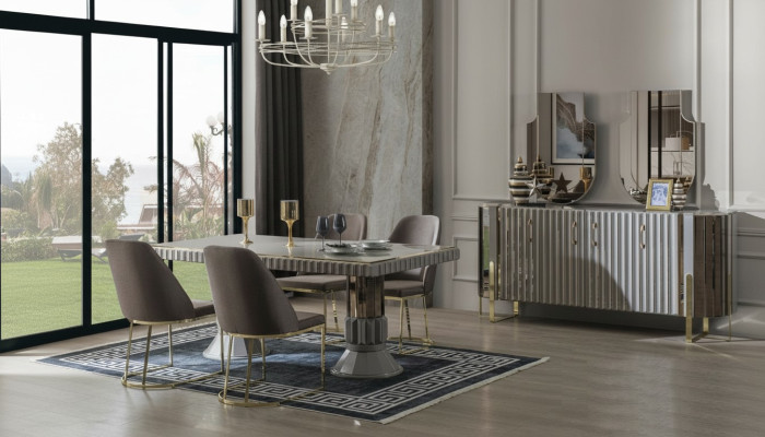 Essgruppe Esszimmer Esstisch Garnitur Luxus Stühle Essecke Grau 6tlg