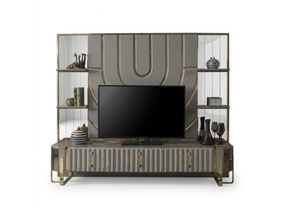 TV Ständer RTV Lowboard Sideboard Wohnzimmer Gold Grau Luxus Holz Neu