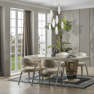 Garnitur Luxus Essgruppe Esszimmer Esstisch Stühle Essecke Beige 7tlg