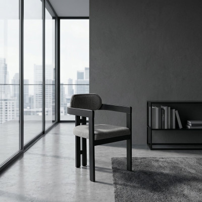 Ein hochmoderner Stuhl mit ungewöhnlicher Form und interessanten Beinen mit bequemer Rückenlehne in Grau-Schwarz für das Esszimmer