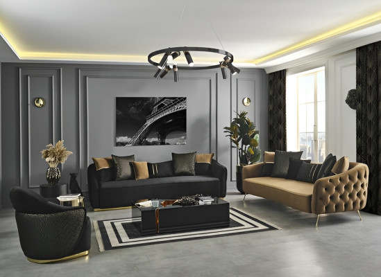 Chesterfield Sofagarnitur Sofa 3 Sitzer Sessel Blau Polyester Set 2tlg