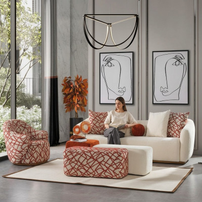 Sofagarnitur Wohnzimmer Set Sofa 4 Sitzer Sessel 3x Hocker Weiß Viersitzer Stoff