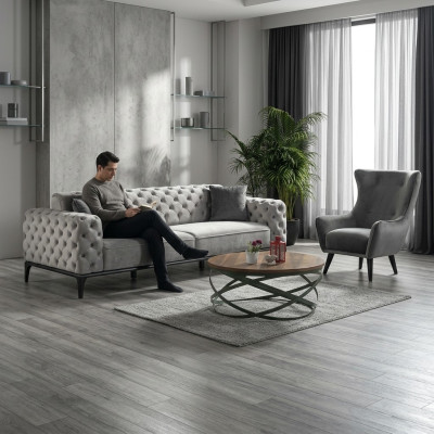 Chesterfield Sofagarnitur Sofa 3+1 Sitzer Stoff Grau Luxus Sofas Weiß