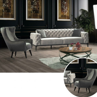 Chesterfield Sofagarnitur Sofa 3+1 Sitzer Stoff Grau Luxus Sofas Weiß