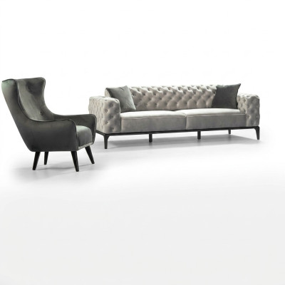 Chesterfield Sofagarnitur Sofa 3+1 Sitzer Stoff Grau Luxus Sofas Weiß