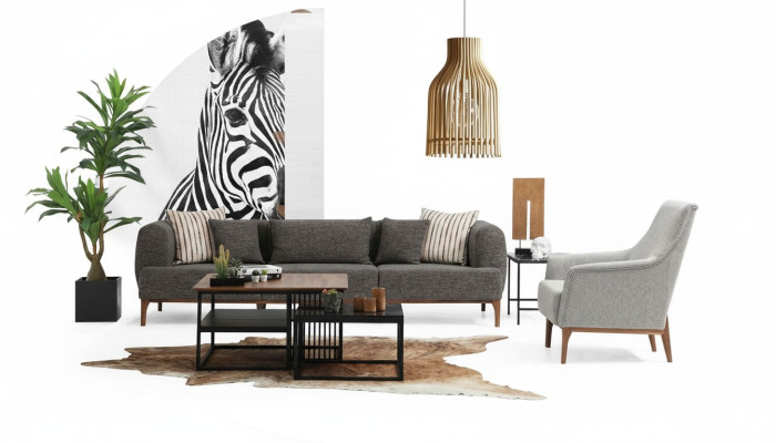Sofagarnitur Dreisitzer Sitzer Modern Sessel Stoff Grau Wohnzimmer Set