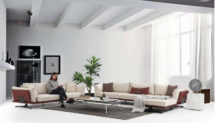 Sofagarnitur Ecksofa L-Form 3 Sitzer Beige Modern Stoff Sofas Set Eck
