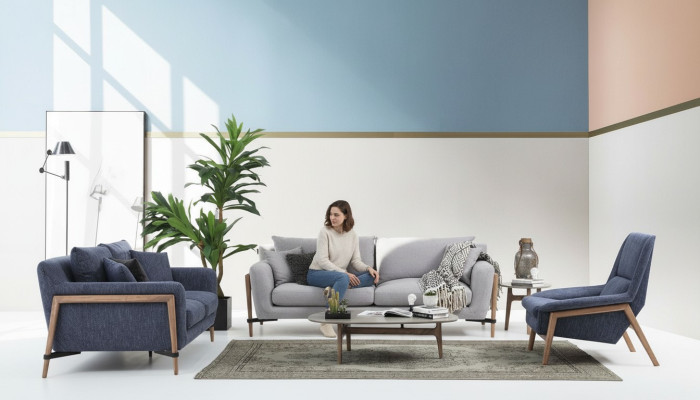 Sofagarnitur 221 Sitzer Sofa Modern Stoff Set Blau Gruppe Wohnzimmer