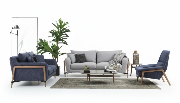 Sofagarnitur 221 Sitzer Sofa Modern Stoff Set Blau Gruppe Wohnzimmer