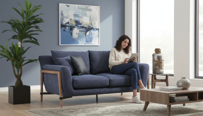Dreisitzer Sofa 3 Sitzer Stoff Modern Sofas Design Wohnzimmer Blau