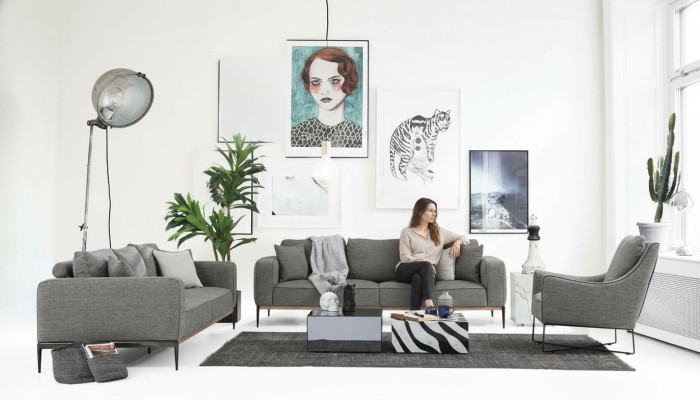 Sofagarnitur 221 Sitzer Sofa Modern Stoff Set Grau Gruppe Wohnzimmer