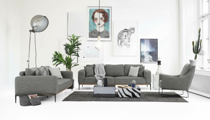 Sofagarnitur 221 Sitzer Sofa Modern Stoff Set Grau Gruppe Wohnzimmer