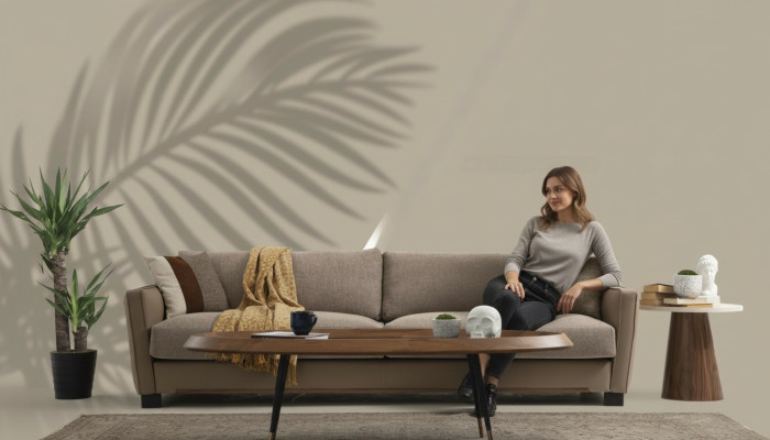 Sofa 3 Sitzer Dreisitzer Modern Stoff Beige Sofas Design Wohnzimmer