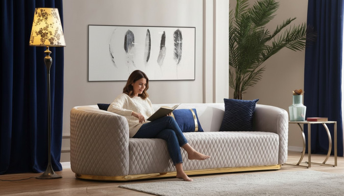 Beiger Dreisitzer Edelstahlmöbel Luxus Couche Sofas Design Wohnzimmermöbel