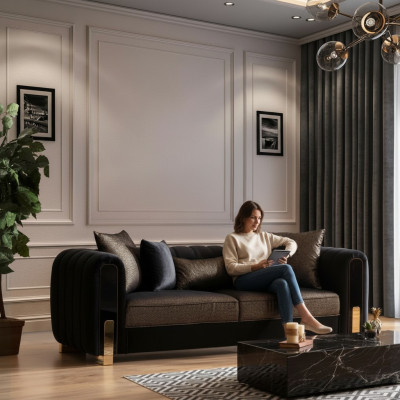 Sofa Dreisitzer Dreisitzer Modern Stoff Schwarz Sofas Design Wohnzimmer