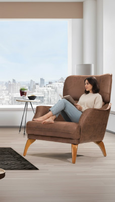 Luxus Sessel Ohrensessel Leder Braun Wohnzimmer Polyester Einsitzer