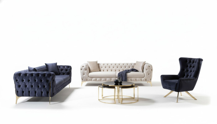 Chesterfield Sofagarnitur Dreisitzer Sessel Blau Luxus Set 3tlg 3+3+1