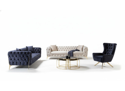 Chesterfield Sofagarnitur Dreisitzer Sessel Blau Luxus Set 3tlg 3+3+1