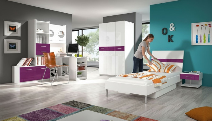 Bett + Nachttisch Schlafzimmer Jugendzimmer Kinderzimmer Set Möbel Lila 2tlg.